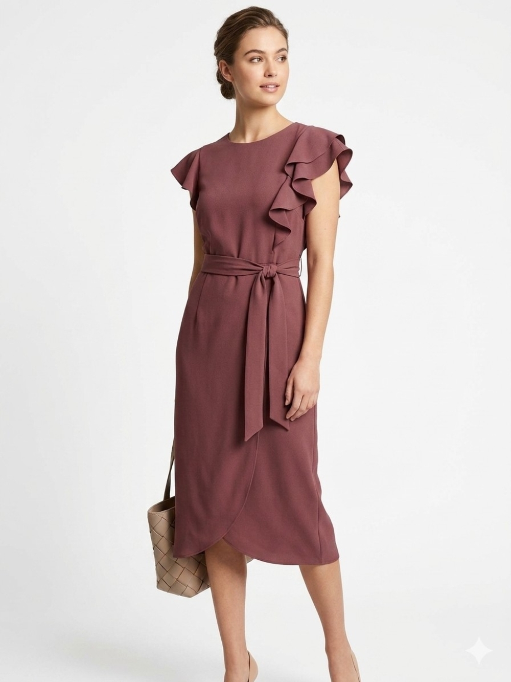 Shelby & Palmer Mauve Ruffle-Sleeve Tie-Waist Midi Dress